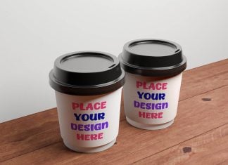 2 Free Coffee Cup PSD Mockups on Wooden Board