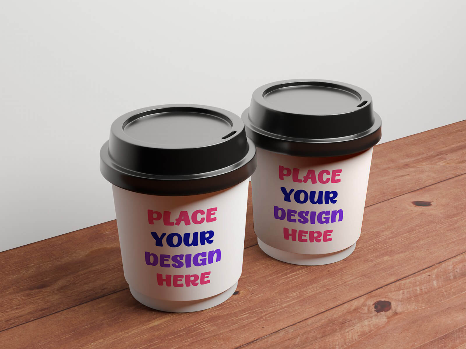 2 Free Coffee Cup PSD Mockups on Wooden Board