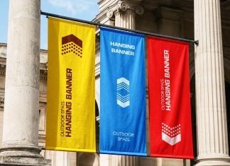 Free 3 Vertical Fabric Hanging Banners Mockup PSD