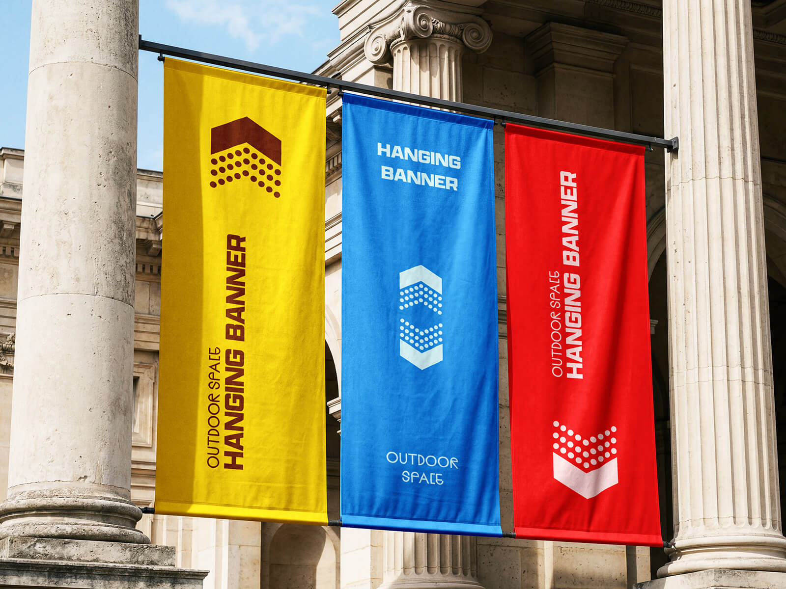 Free 3 Vertical Fabric Hanging Banners Mockup PSD